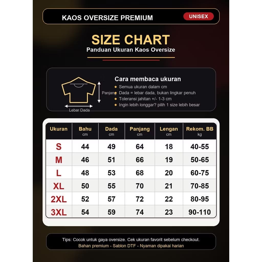 Size Chart Kaos Oversize